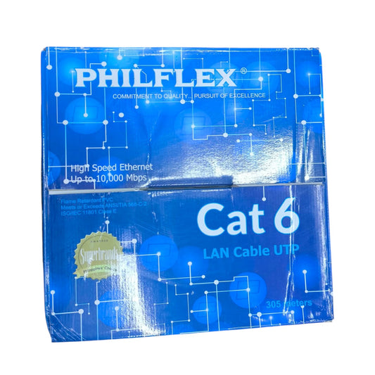 Philflex Cat 6 LAN Cable UTP packaging box, 30 meters, featuring a blue and white design with circuit board graphics.