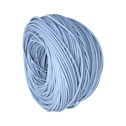 A coil of light blue electrical wire or cable on a plain white background.