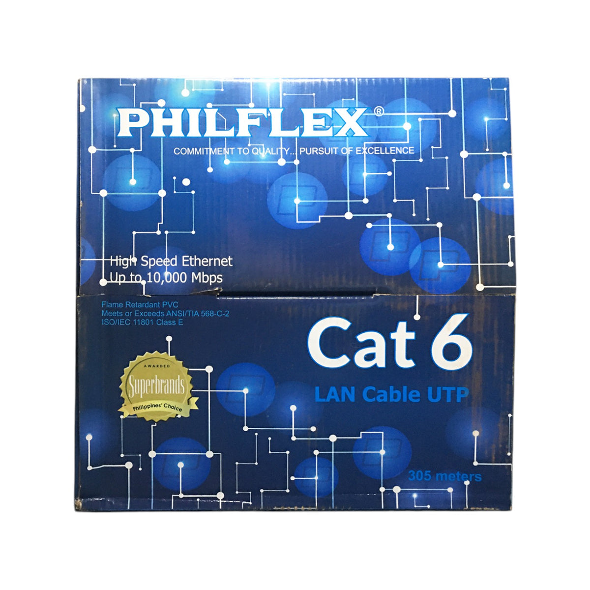 A box of Philflex Cat 6 LAN Cable UTP, 305 meters, featuring a blue and black design with white text and circuit board graphics.