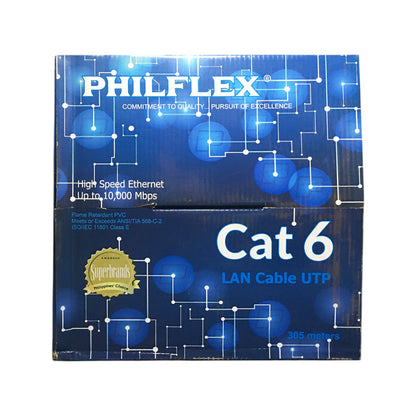 A box of Philflex Cat 6 LAN Cable UTP, 305 meters, featuring a blue and black design with white text and circuit board graphics.