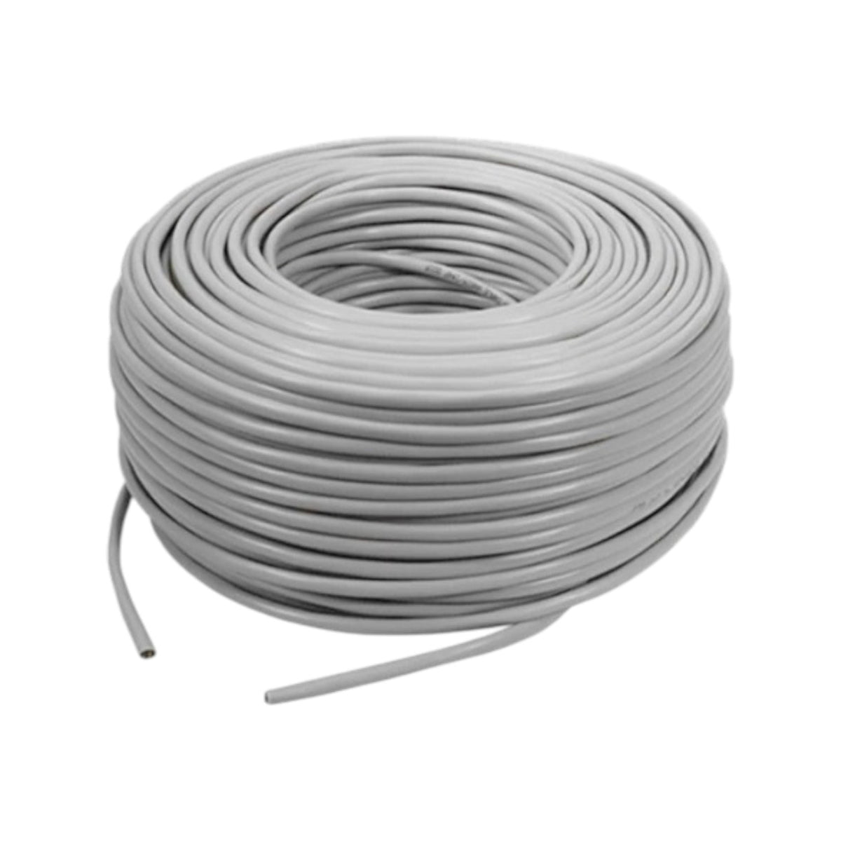 A coil of light gray electrical wire or cable on a plain white background.