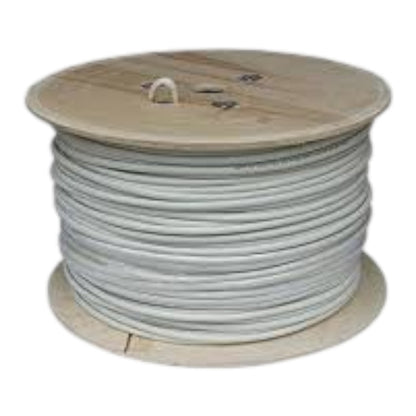 A large spool of light gray cable or wire wound around a round wooden core, shown on a plain white background.