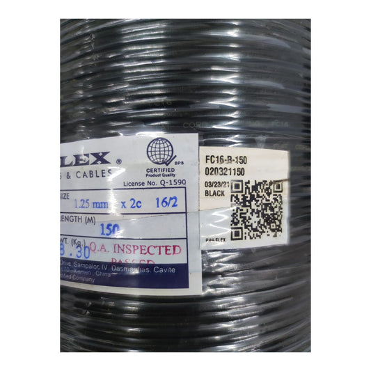 A spool of black electrical cable with a white paper label showing product details, brand Lex, and specifications.