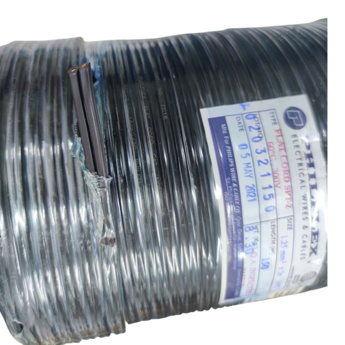 A spool of black electrical wire with a white and blue label, wrapped in protective plastic.
