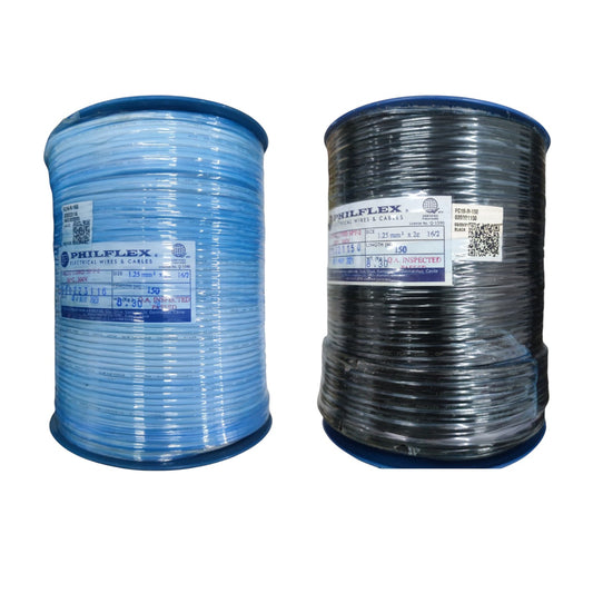 Two large spools of Philflex electrical wire on a plain white background, one spool containing light blue wire and the other containing dark gray wire.