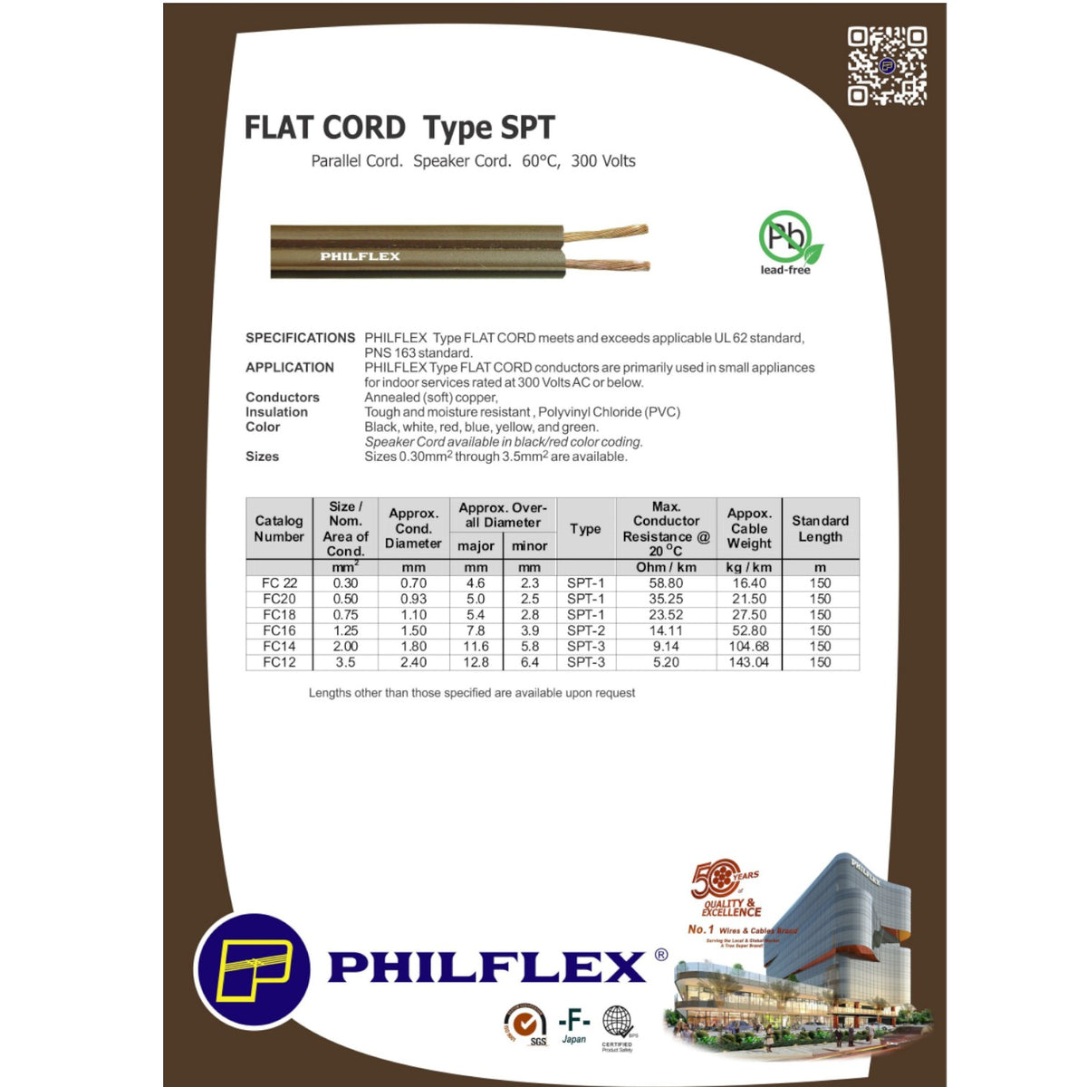 A product information sheet for PHILFLEX Flat Cord Type SPT speaker wire. The sheet features a product photo of the wire with its copper-colored ends, a detailed specifications table, a color chart, and a small illustration of a speaker system at the bottom.