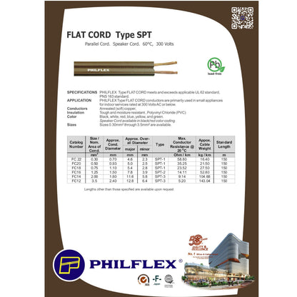 A product information sheet for PHILFLEX Flat Cord Type SPT speaker wire. The sheet features a product photo of the wire with its copper-colored ends, a detailed specifications table, a color chart, and a small illustration of a speaker system at the bottom.