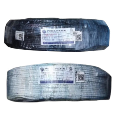 Two large rolls of PHILFLEX electrical cable, one black and one gray, wrapped in protective plastic with white and blue labels, shown against a white background.