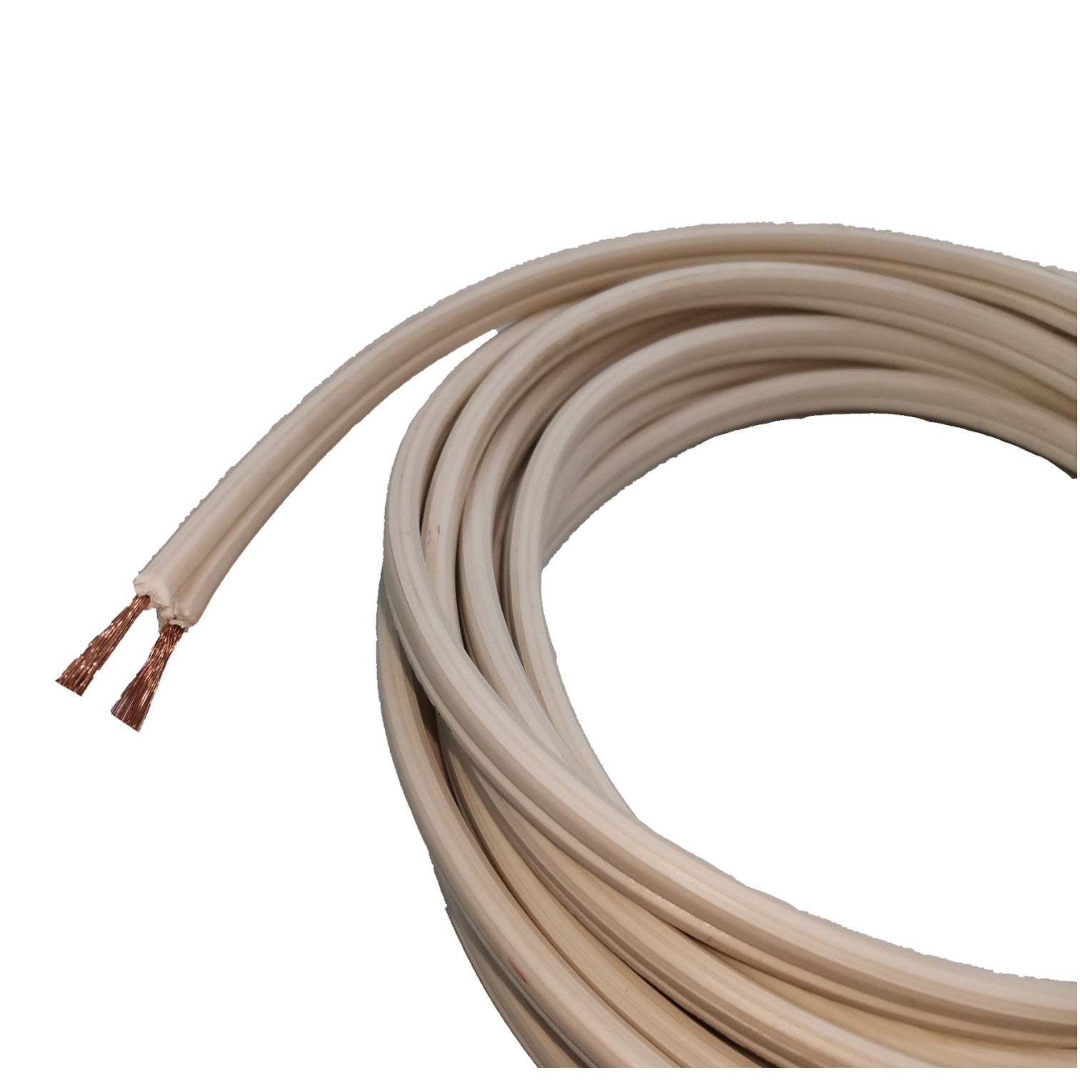 A coiled beige electrical wire or cable with two exposed copper strands at one end, shown on a plain white background.
