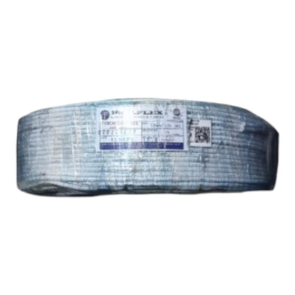 A spool of textured gray cable wrapped in protective plastic with a white and blue label in the center, isolated on a white background.