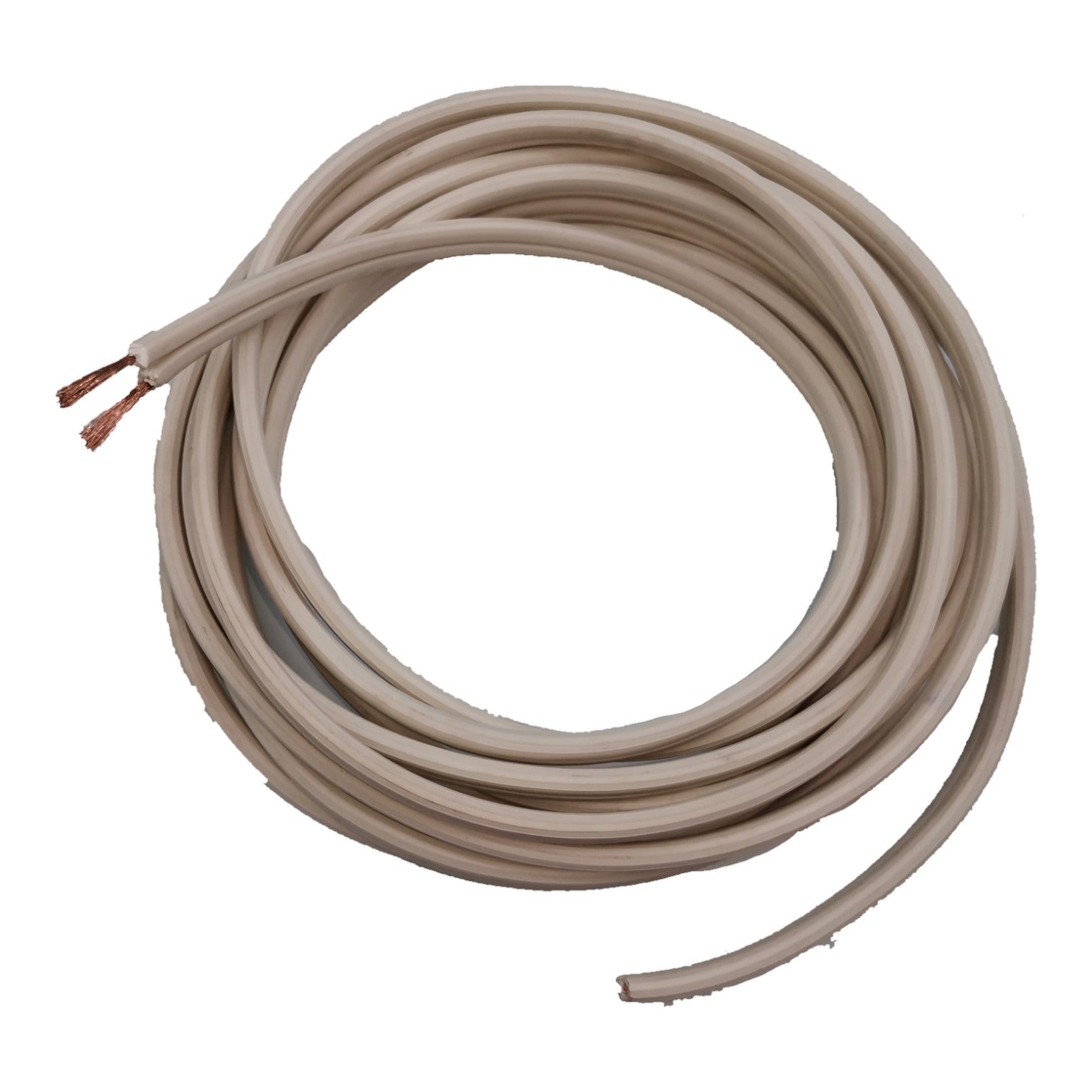 A coiled beige electrical cable with two exposed copper-colored wire ends, shown on a plain white background.