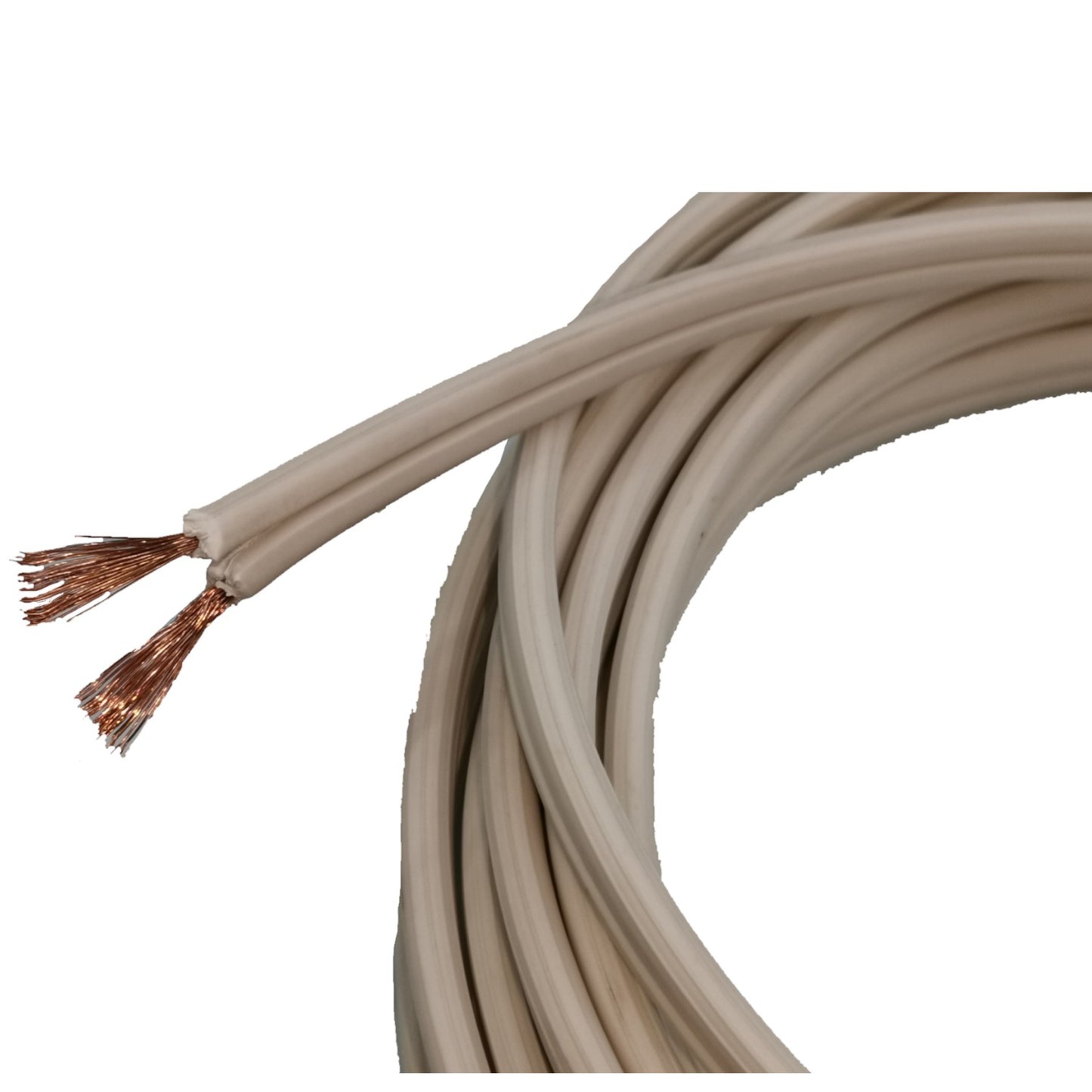 A coiled beige electrical cable with two exposed copper wire strands, shown on a plain white background.