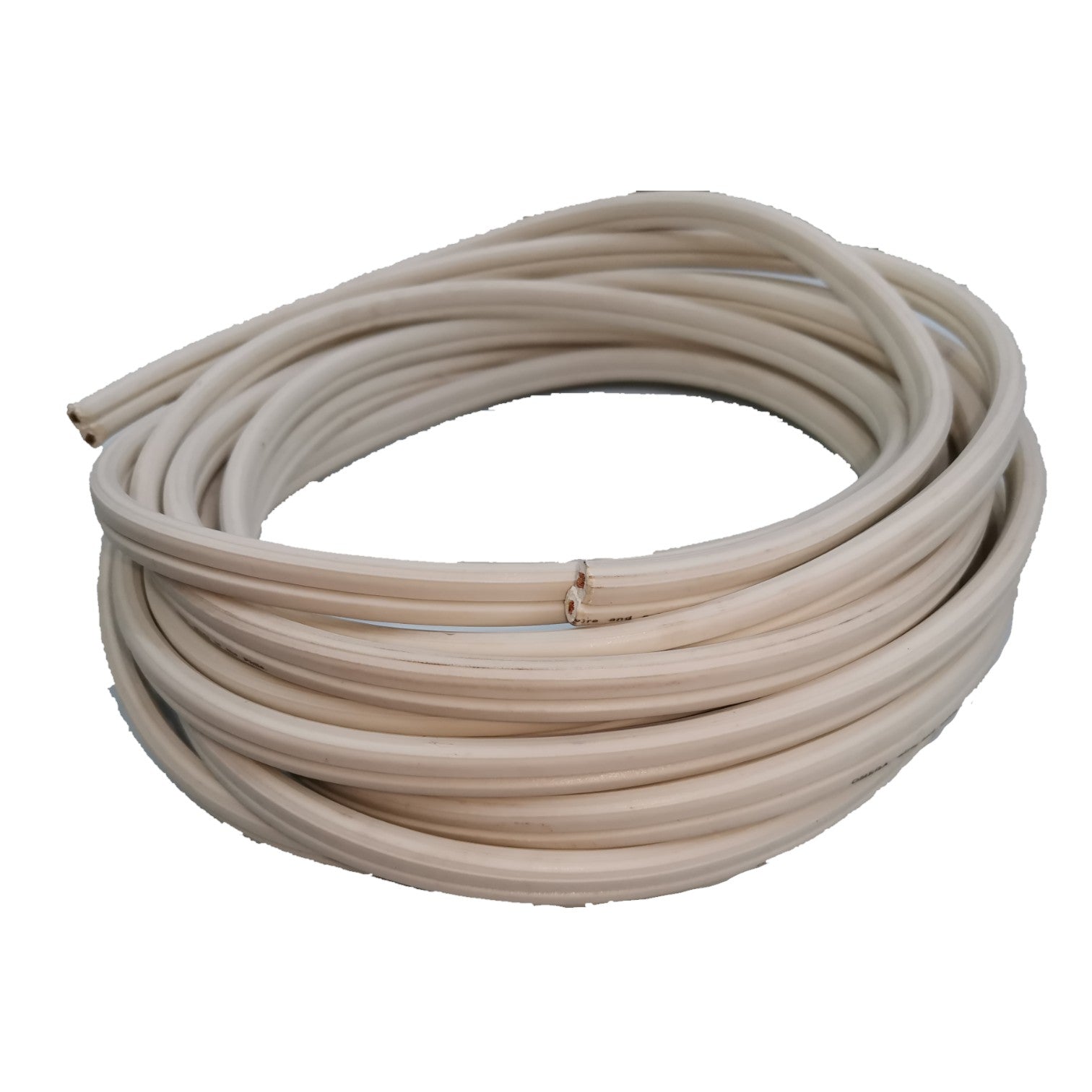 A coiled roll of light beige or off-white rubber cord or trim, photographed on a plain white background.