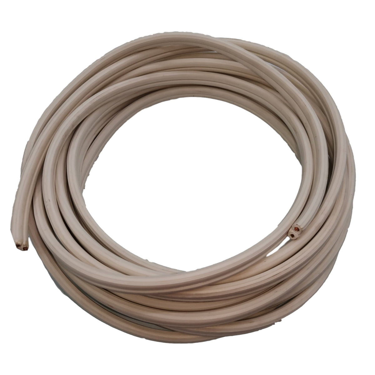 A coiled beige rubber hose or tube, photographed against a solid white background.