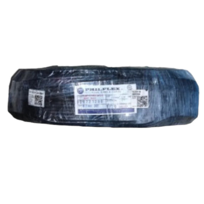 A large spool of PHIL-FLEX black cable wrapped in protective plastic, with a white and blue label in the center, set against a plain white background.
