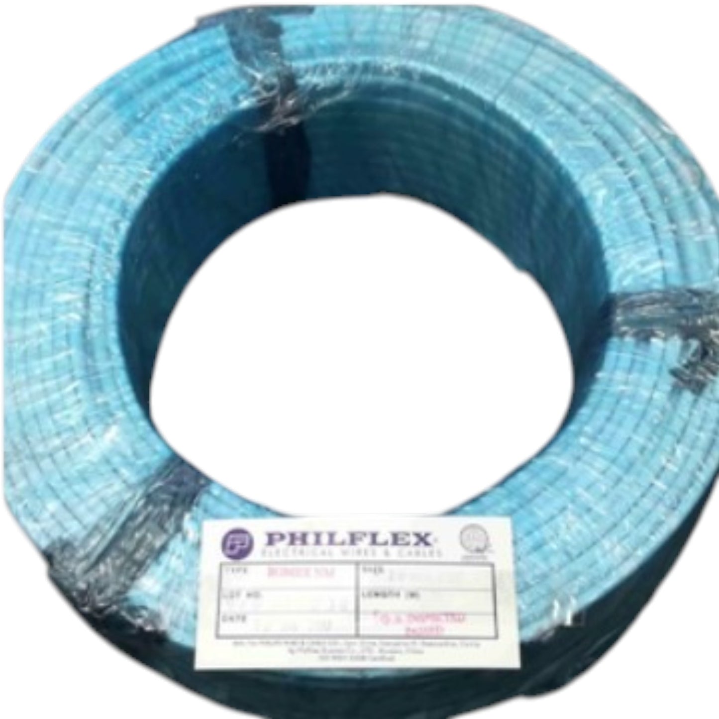 A large spool of Philflex multicolor braided cable, wrapped in clear protective plastic with a white product label at the bottom, set against a plain white background.