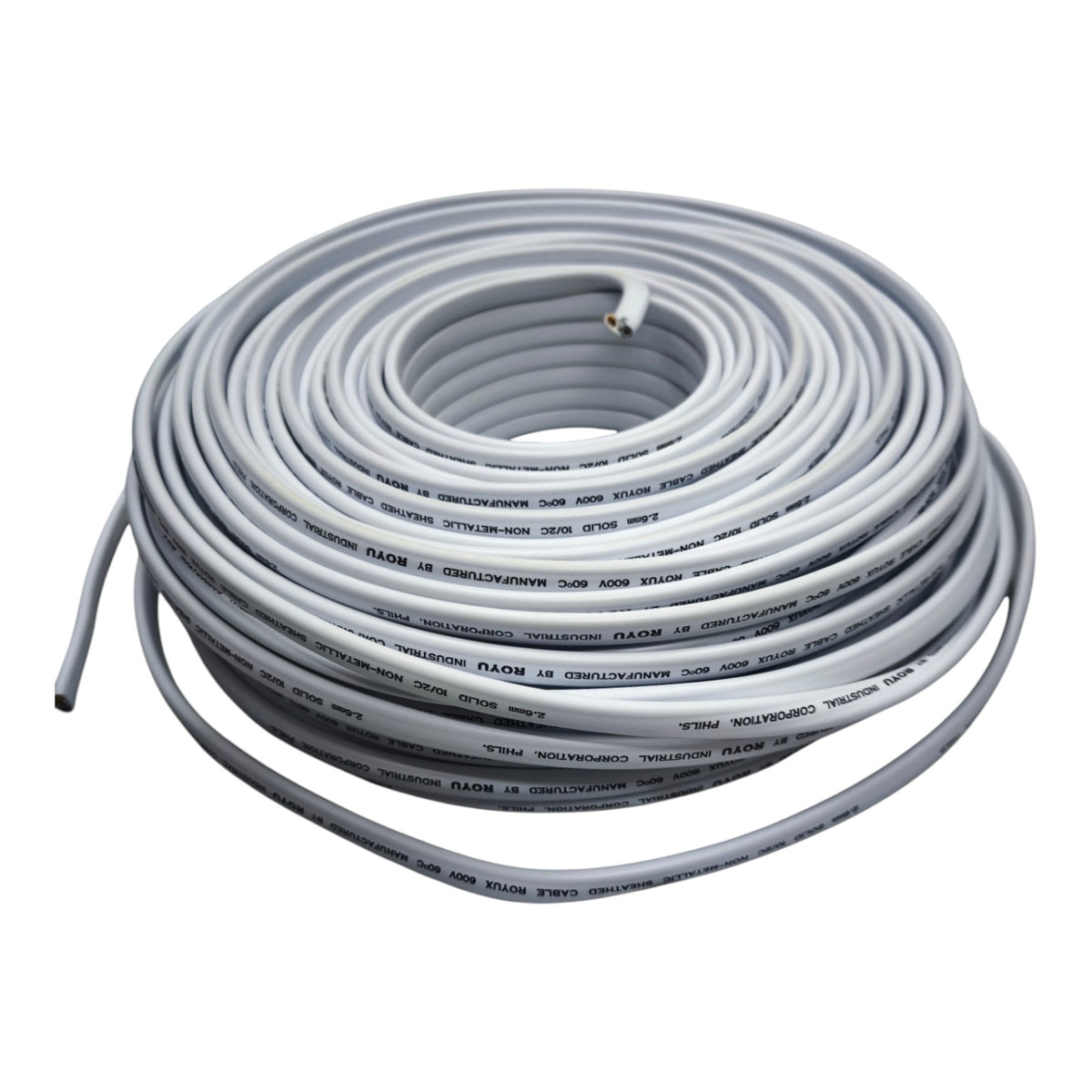 A coiled white cable with black printed text specifications, isolated on a white background.