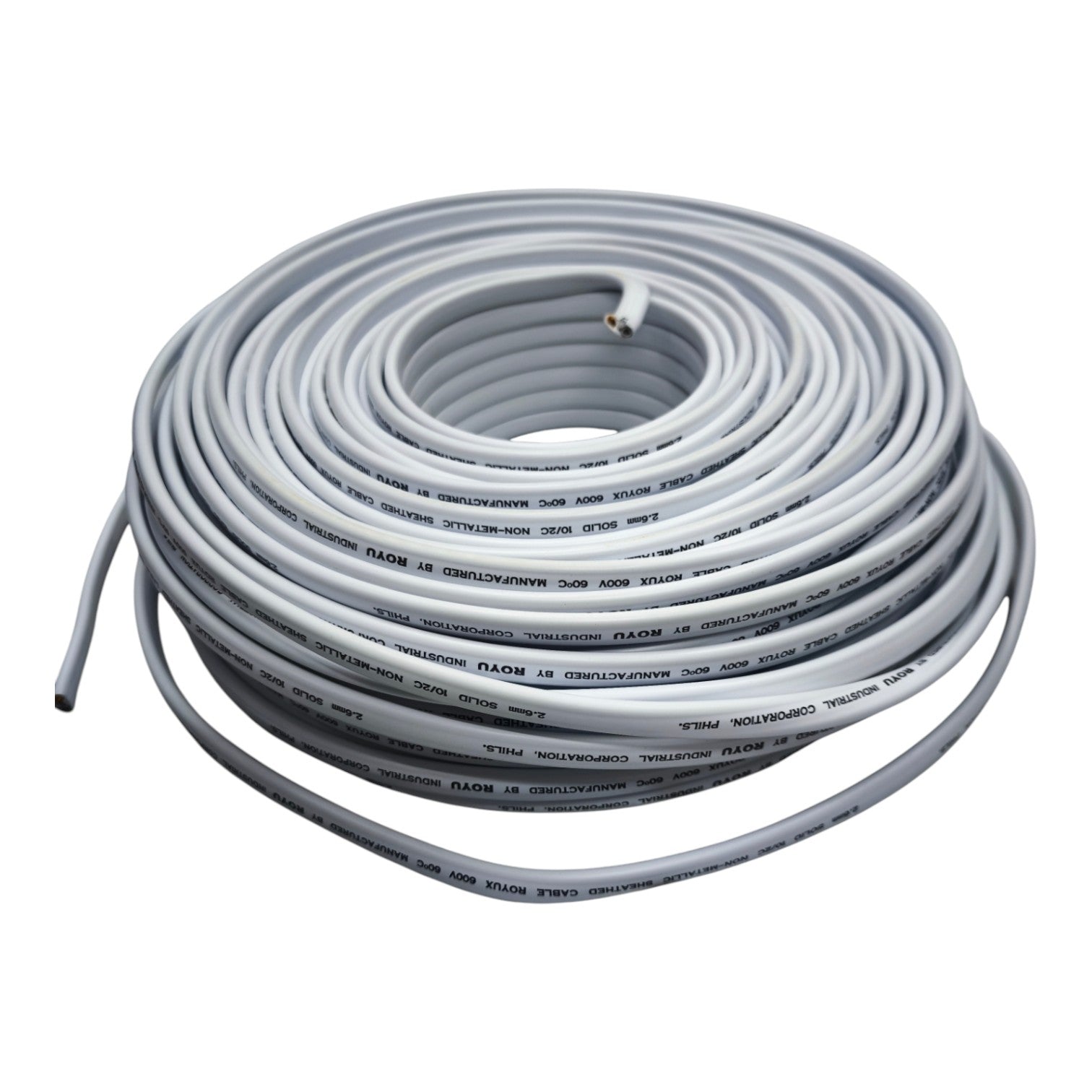 A coiled white cable with black printed text specifications, isolated on a white background.