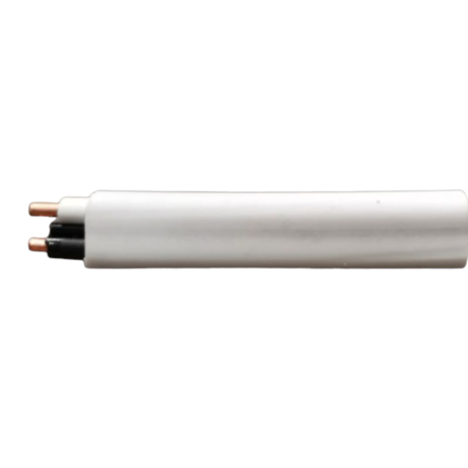 A white electrical cable with three exposed copper-colored conductors and one black conductor, shown horizontally against a plain white background.
