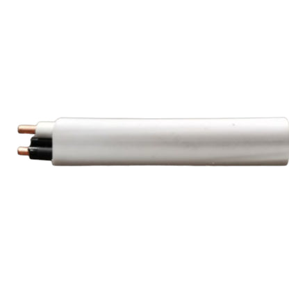 A white electrical cable with three exposed copper-colored conductors and one black conductor, shown horizontally against a plain white background.