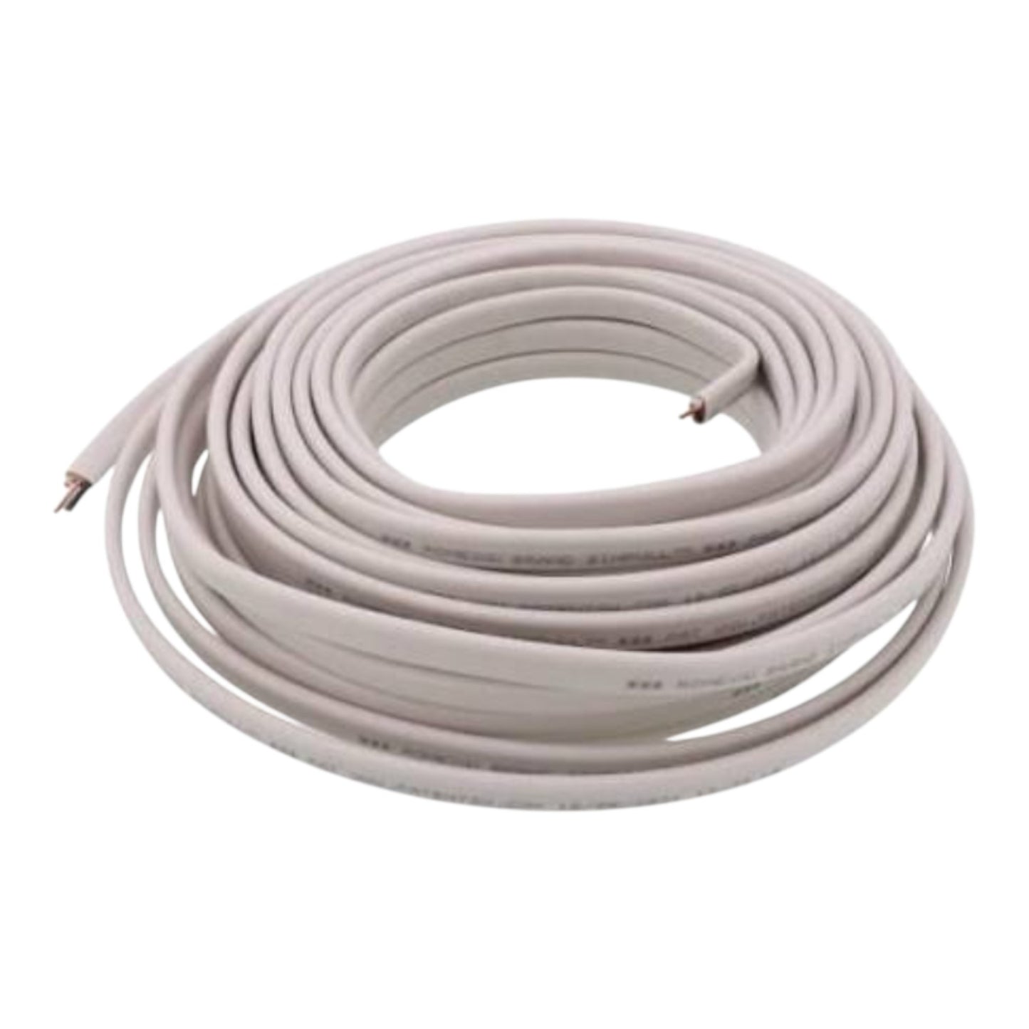 A coiled light gray electrical cable with bare copper-colored wire ends, photographed on a solid white background.