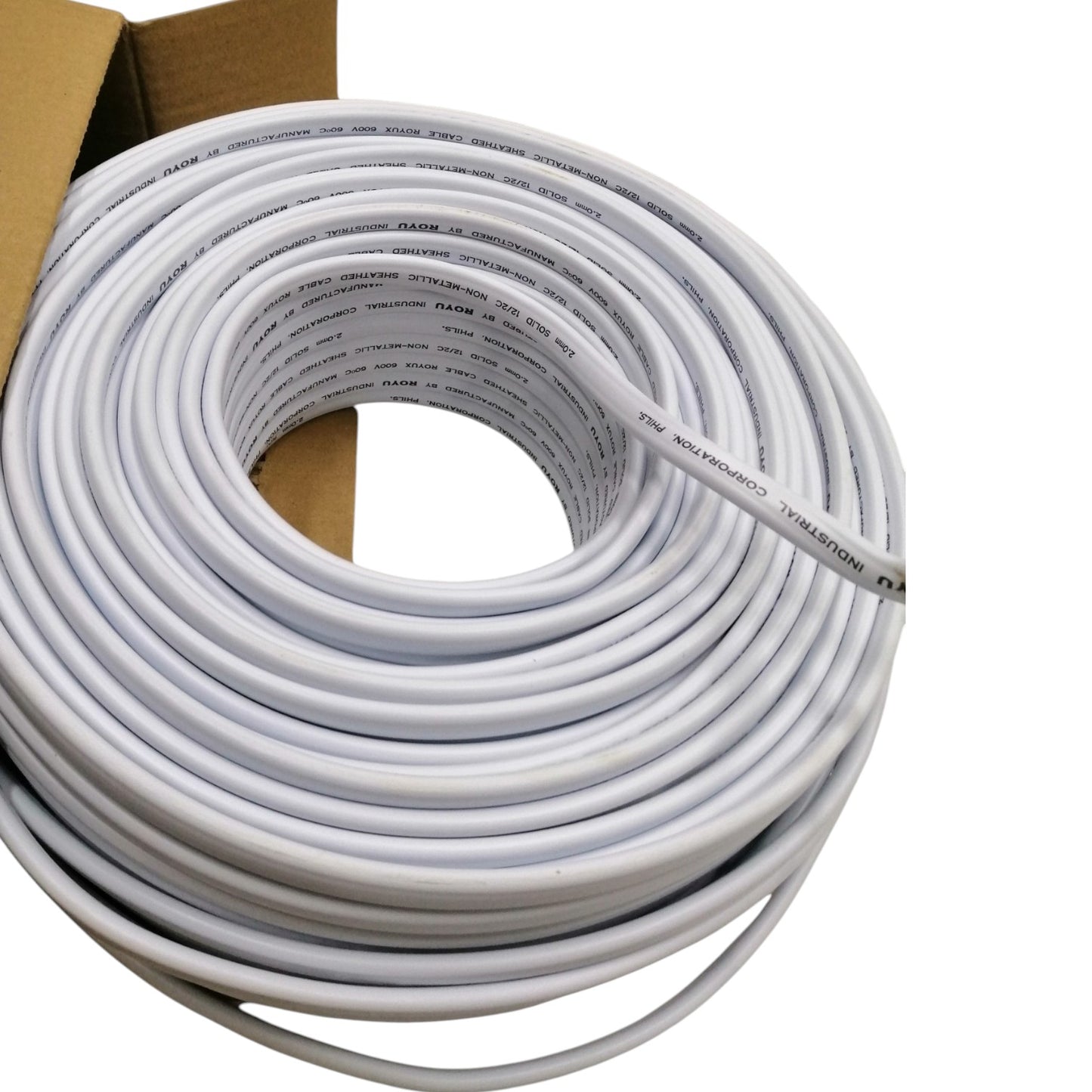 A large coil of white electrical cable or wire, partially unrolled, shown next to a brown cardboard box on a white background.