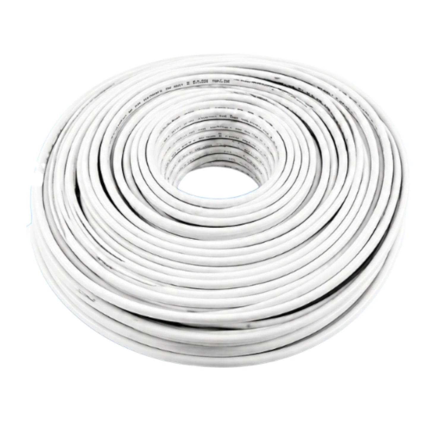 A coiled roll of white cable or wire on a plain white background.