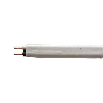 A white cylindrical cable or conduit section with two exposed copper-toned metal terminals on one end, shown against a plain white background.