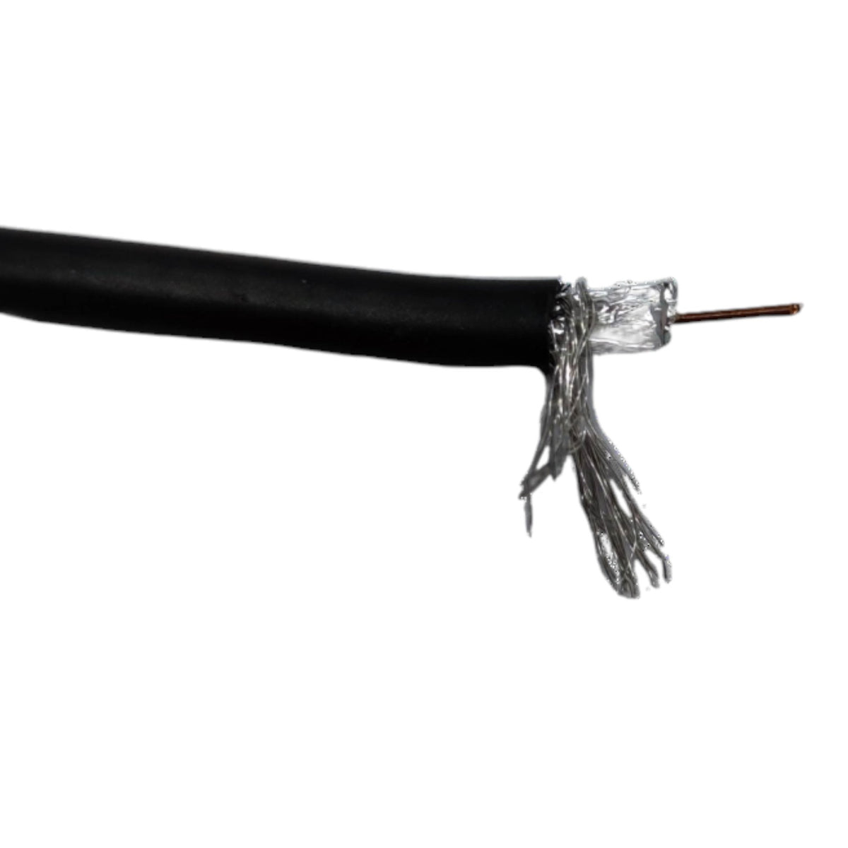 A close-up of a black cable with its outer jacket stripped back to show silver-colored metallic inner wires and a copper wire terminal, set against a plain white background.