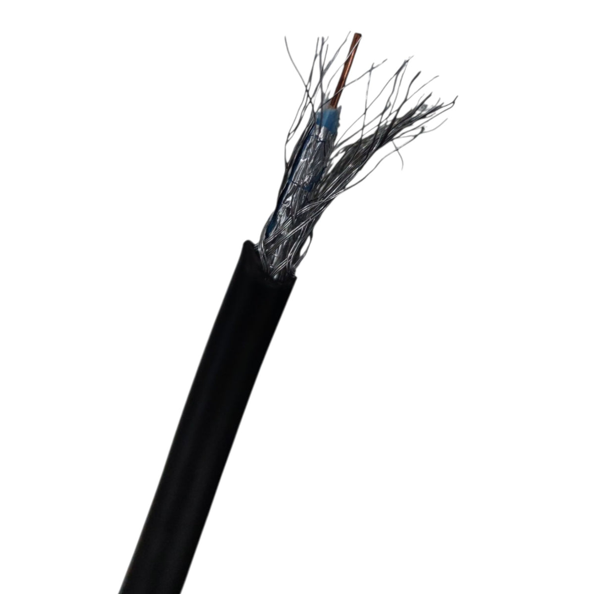 A close-up of a black multi-core cable with its outer sheath stripped back, showing multiple internal silver wires and a copper center wire on a plain white background.