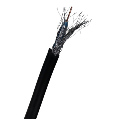 A close-up of a black multi-core cable with its outer sheath stripped back, showing multiple internal silver wires and a copper center wire on a plain white background.