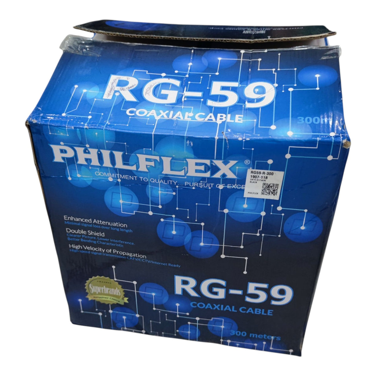 A blue retail box of Philflex RG-59 Coaxial Cable, 300 meters, shown on a plain white background.