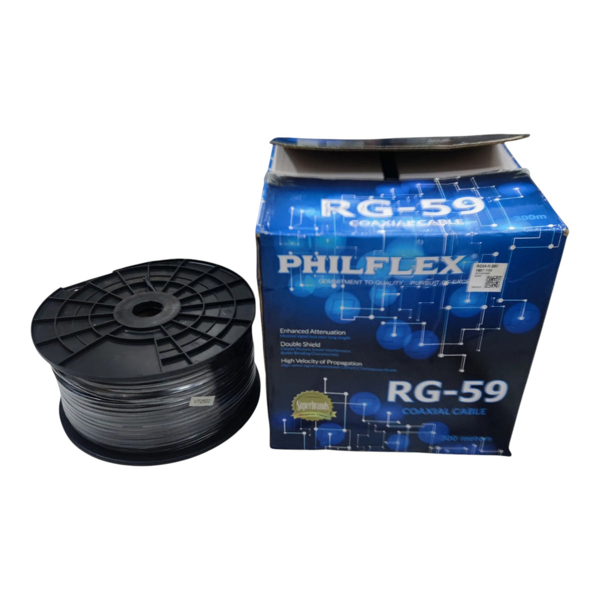 A spool of PHILFLEX RG-59 marine cable next to its blue retail box on a white background.