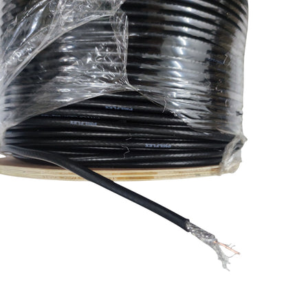 A large spool of black multi-core cable wrapped in clear protective plastic, with one end exposed to show the inner conductor strands, on a white background.