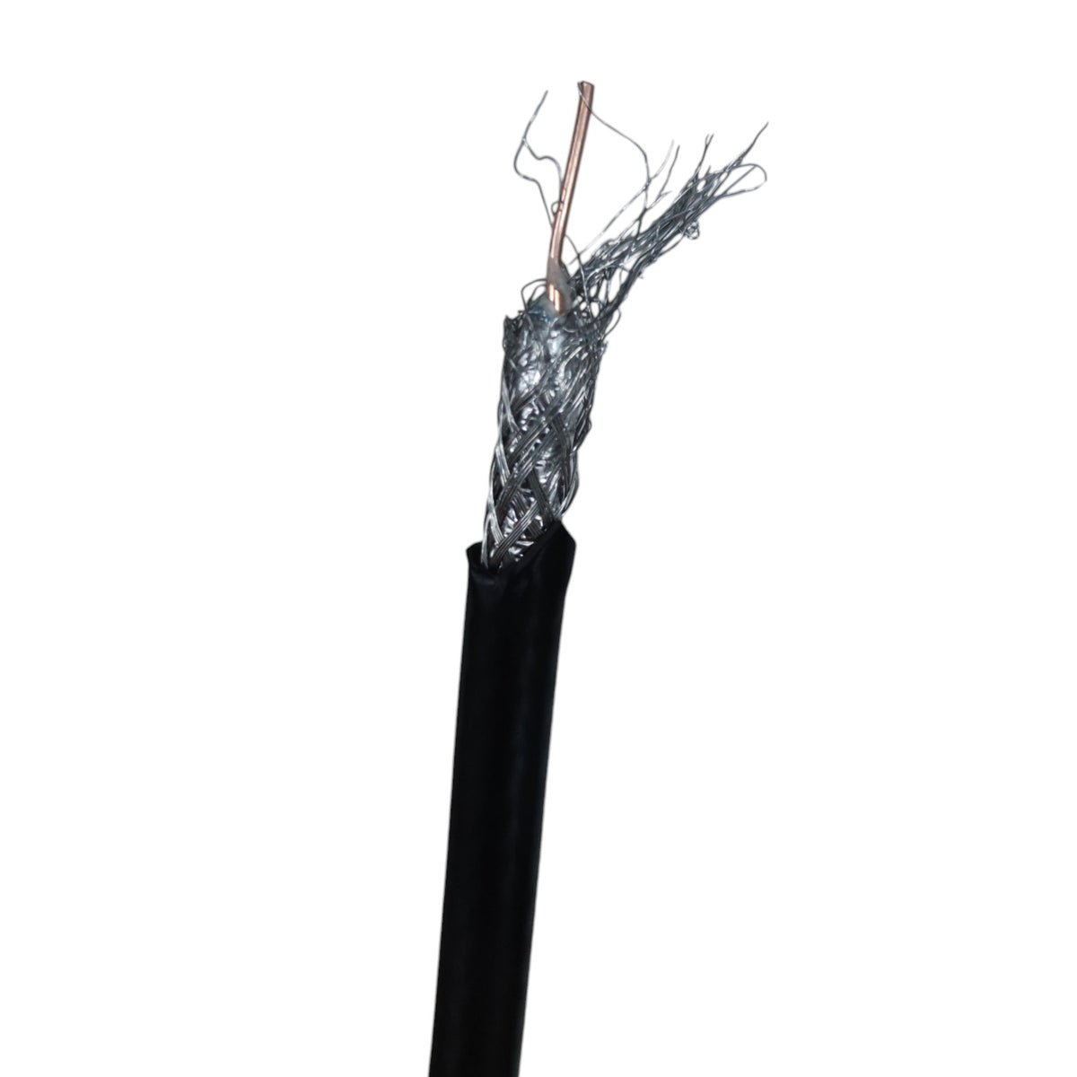 A close-up of a black cable or wire section with the outer sheath removed, showing a silver metallic mesh wrap and a single exposed copper wire on a plain white background.
