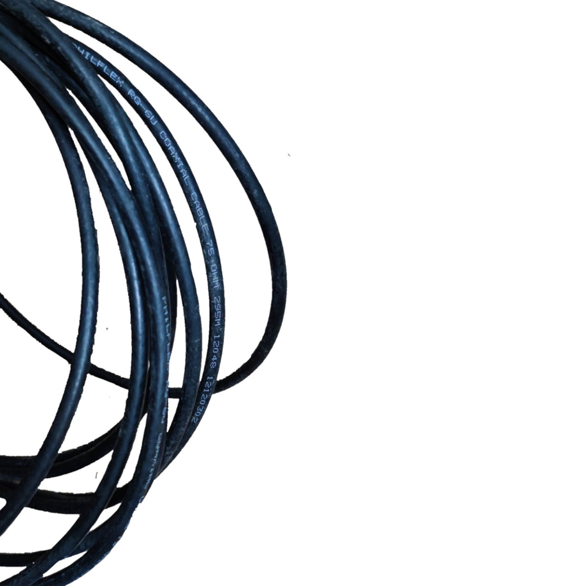 A coiled bundle of black cable or cord shown on a plain white background.