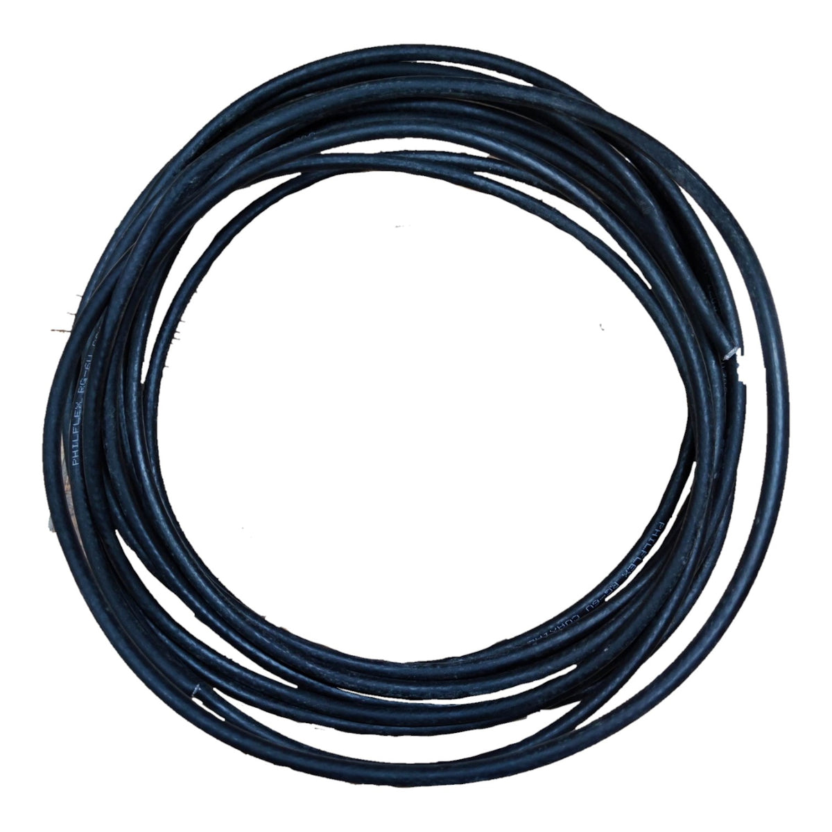 A coiled dark blue or navy black cable on a plain white background.