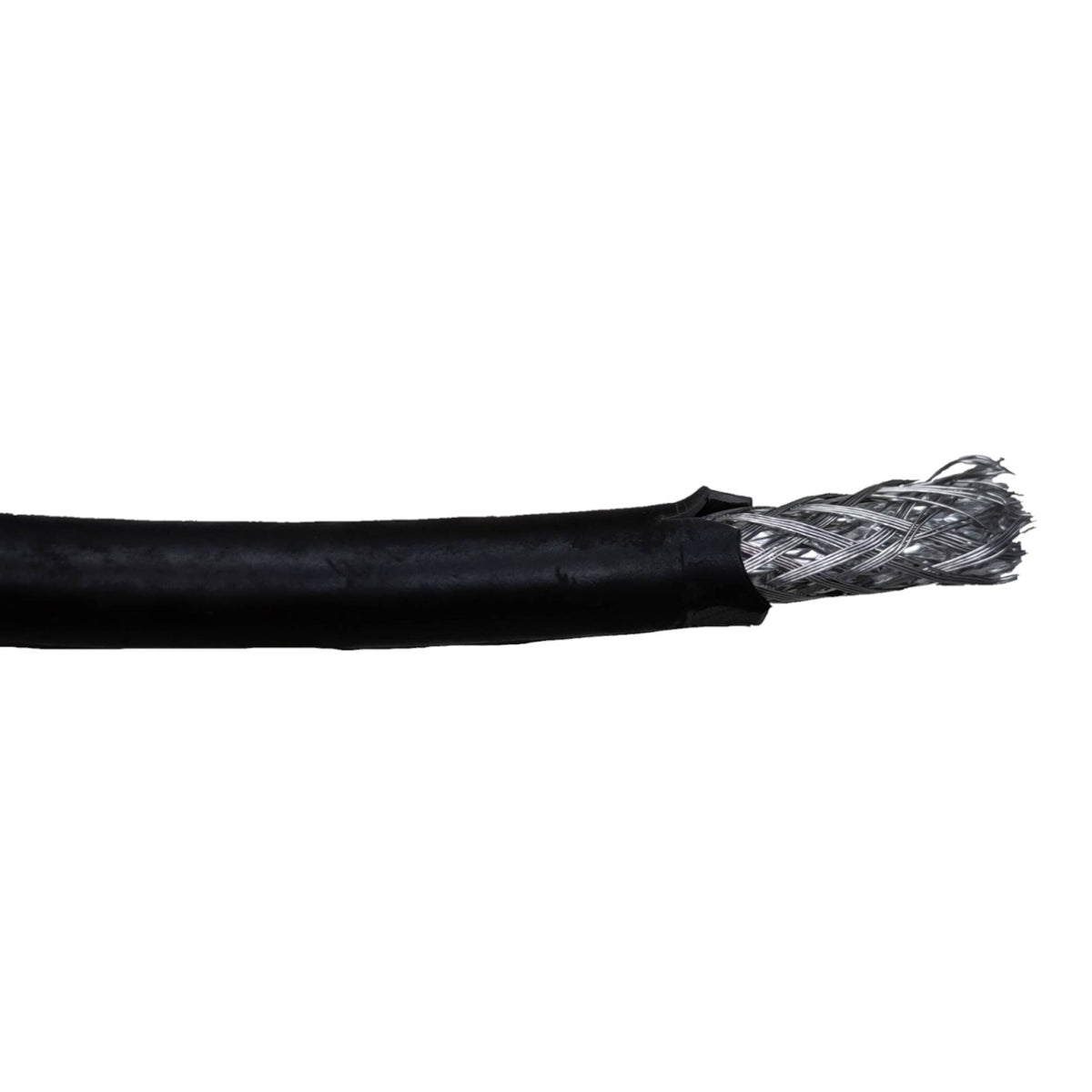 A close-up of a black cable with its outer jacket stripped open to reveal a multi-strand silver metallic wire core, set against a plain white background.