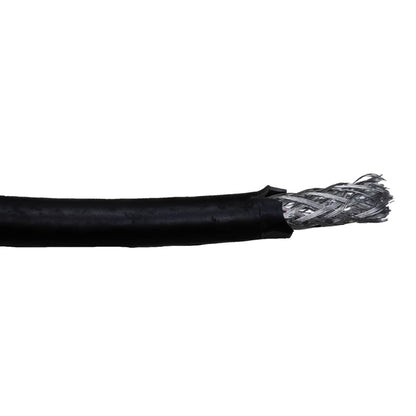 A close-up of a black cable with its outer jacket stripped open to reveal a multi-strand silver metallic wire core, set against a plain white background.