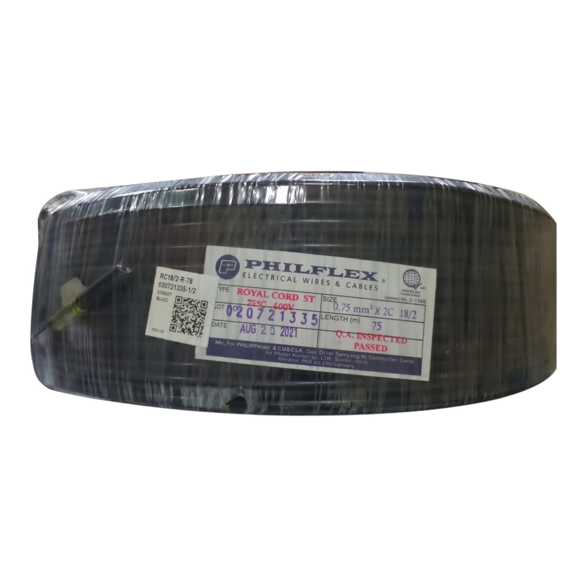 A large spool of Philflex Royal Cord ST electrical wire wrapped in protective plastic and a label, shown on a plain white background.