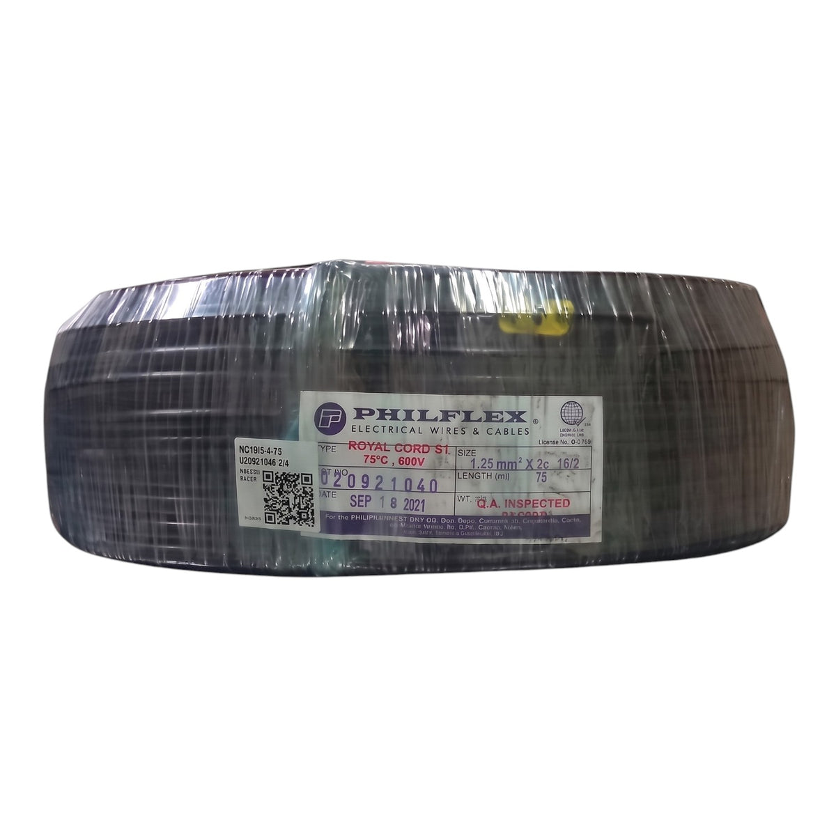 A large spool of Philflex Royal Cloud 95 electrical wire and cables, wrapped in protective plastic with a white product label showing specifications and branding.