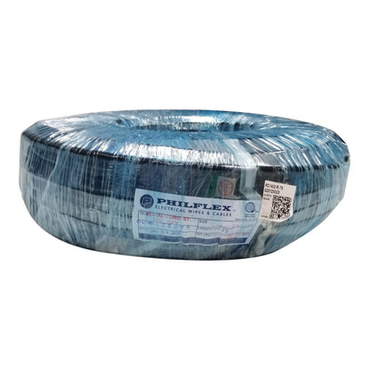 A large spool of PHILFLEX electrical wire and cables, wrapped in clear protective plastic with a white and blue paper label, on a white background.