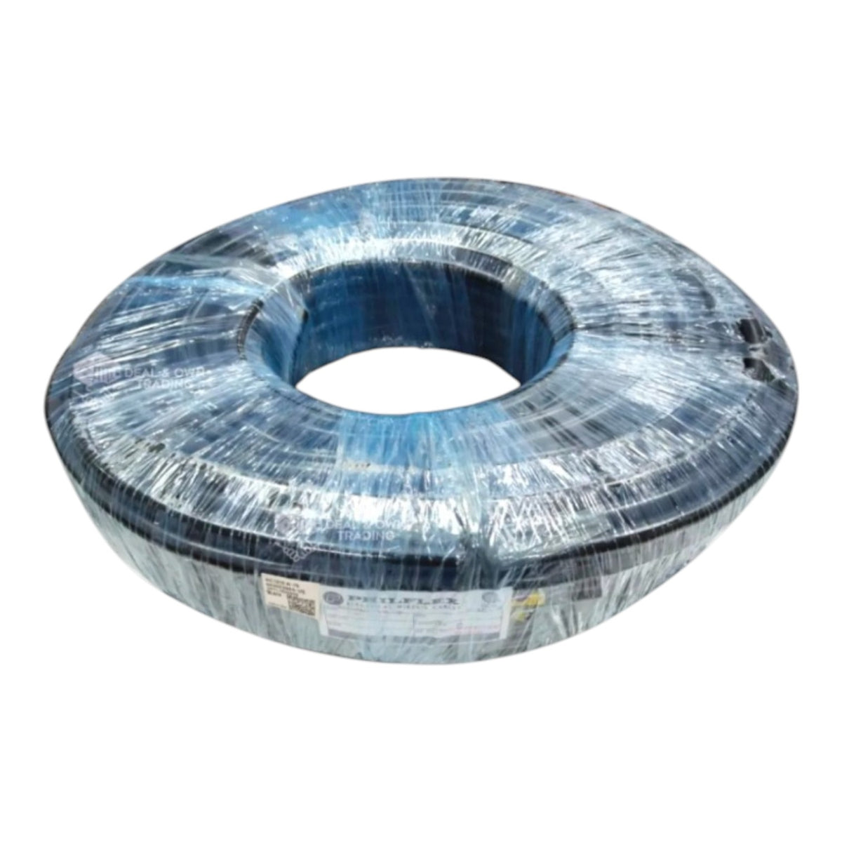 A large spool of blue cable wrapped in clear protective plastic, shown on a plain white background.