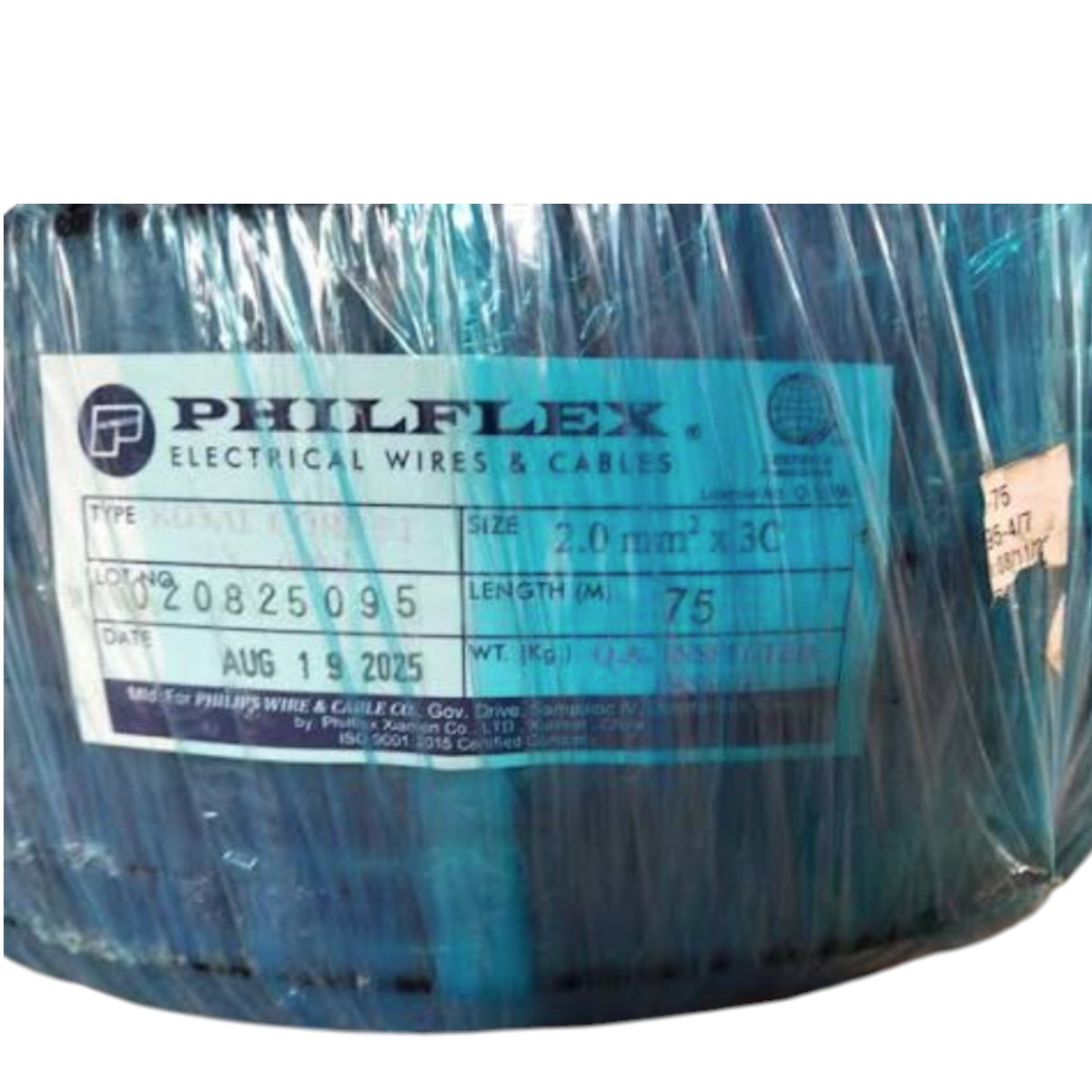 A spool of Philflex electrical wires and cables wrapped in clear plastic, showing a blue label with product details.