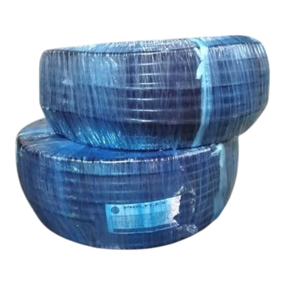 Two stacked coils of blue electrical wire or cable, wrapped in protective plastic with a small label visible on the front, isolated on a white background.