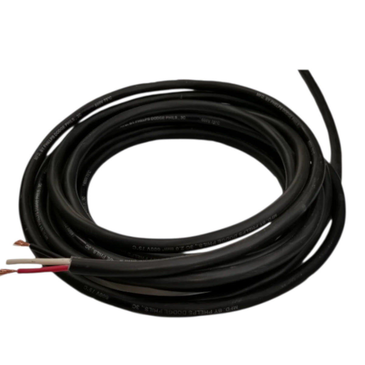 A coiled black electrical cable with two exposed wire ends showing red and white inner conductors, photographed on a plain white background.