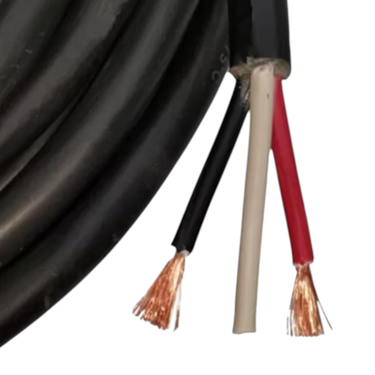 Black multi-core cable with three exposed conductors in black, beige, and red insulation, showing copper-colored wire strands at the ends, on a white background.
