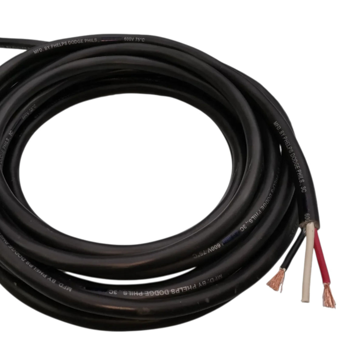A coiled black audio cable with white printed text and exposed red and white inner wires with copper-toned ends, shown on a plain white background.