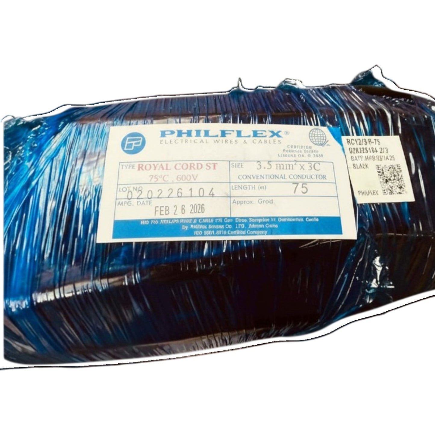 A large spool of Philflex Royal Cord St blue flat cable, wrapped in protective plastic with a white and blue product label showing specifications.