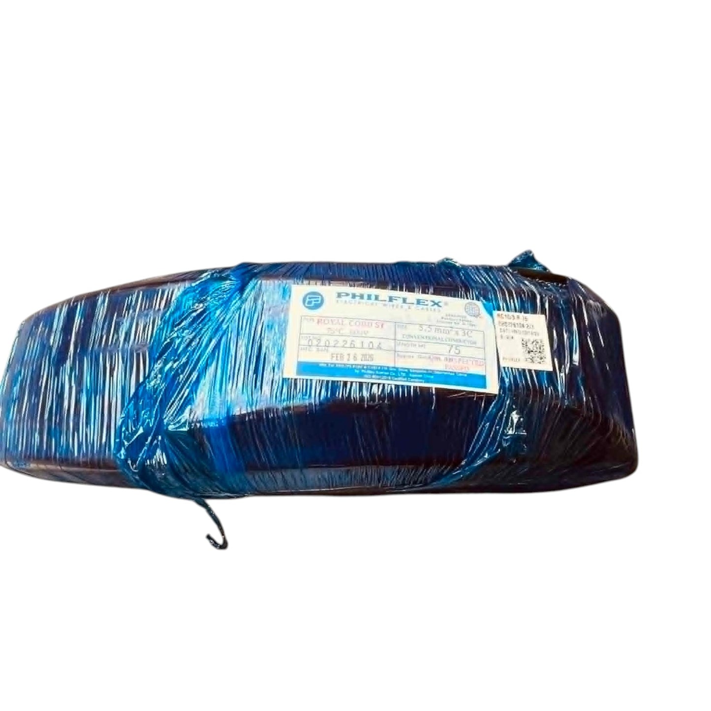 Blue plastic bag with a label on a white background